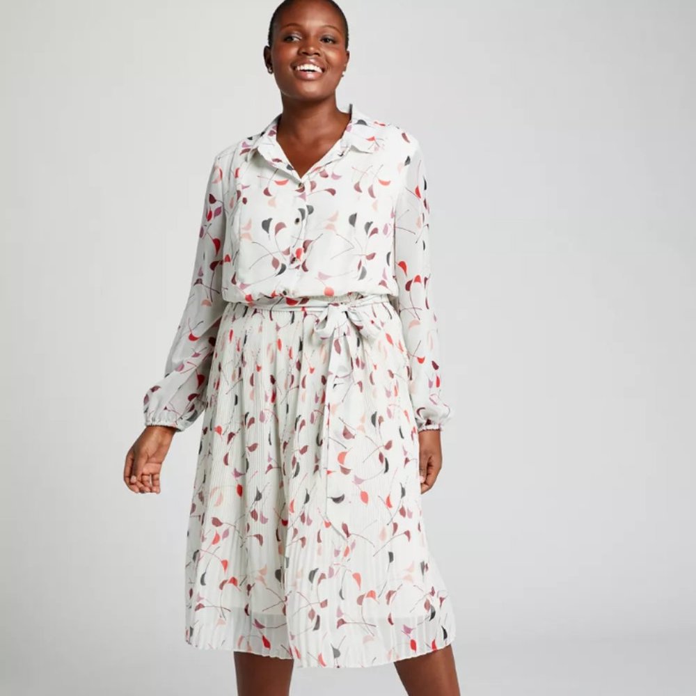 Lane Bryant Long Sleeve Pleated Chiffon Fit & Flare Floral Button Down Dress